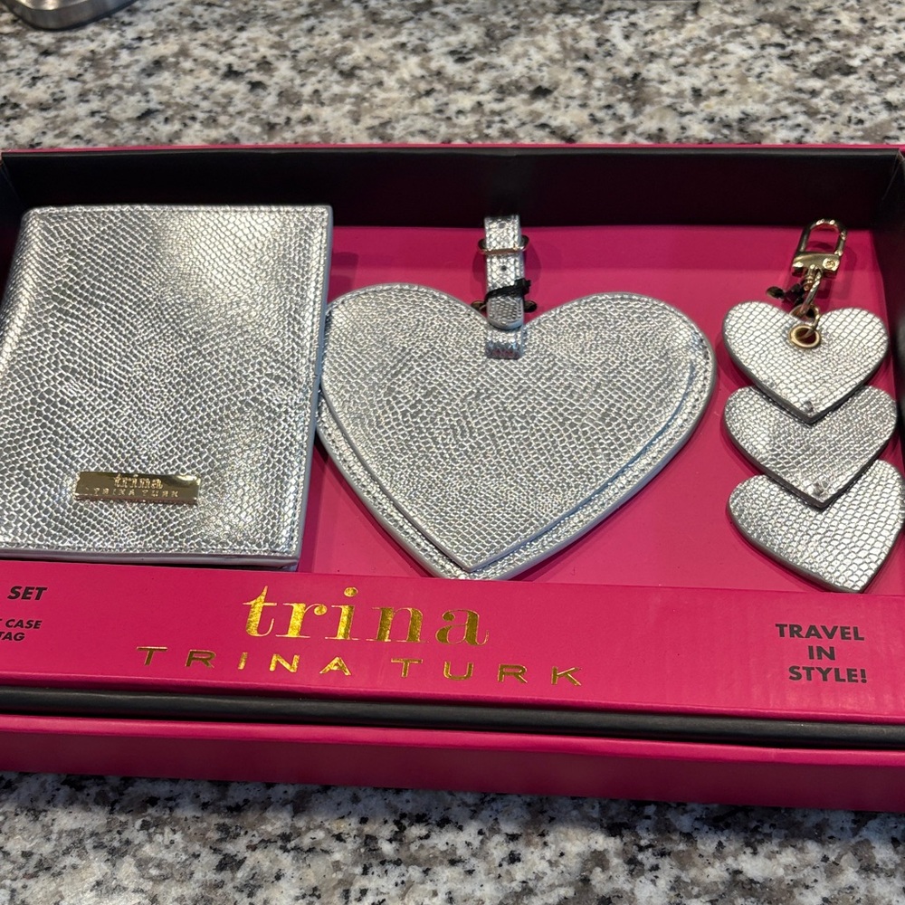 Trina Turk Metallic Silver Heart Travel Accessory Set